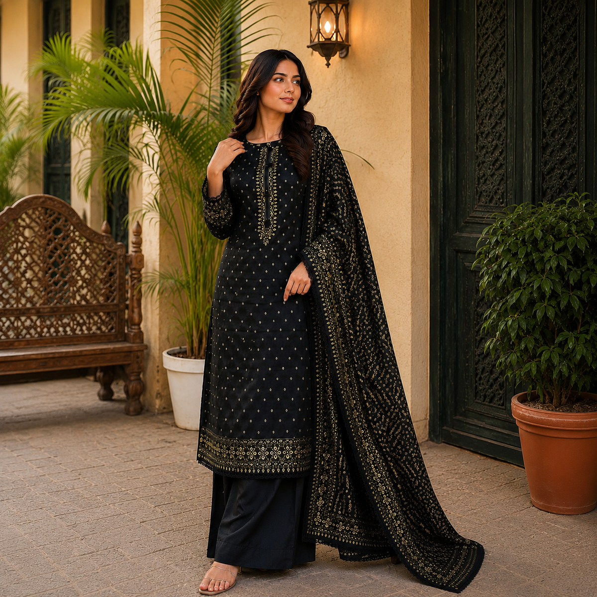 Navy Muse Printed Lawn Ready-to-Wear Plazo Set ✨