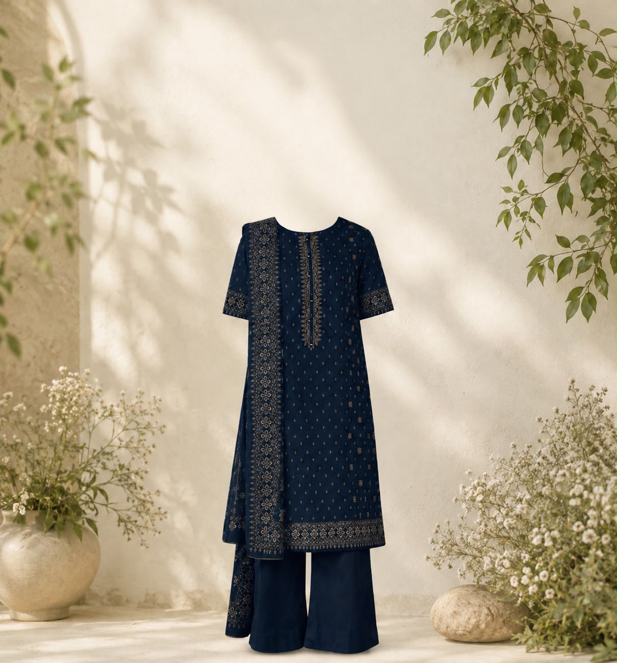 Navy Muse Printed Lawn Ready-to-Wear Plazo Set ✨