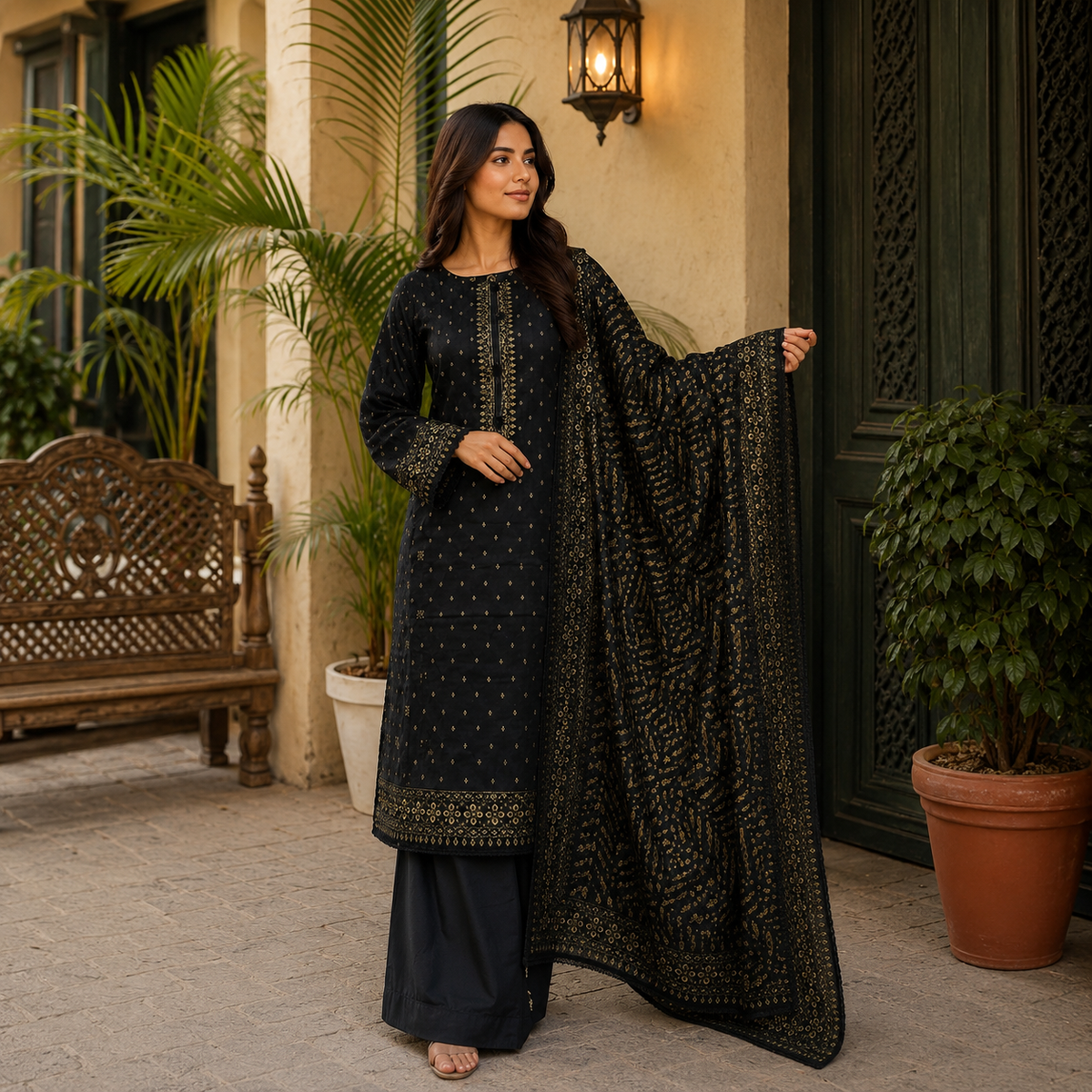 Navy Muse Printed Lawn Ready-to-Wear Plazo Set ✨