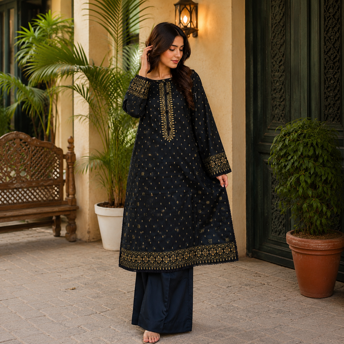 Navy Muse Printed Lawn Ready-to-Wear Plazo Set ✨