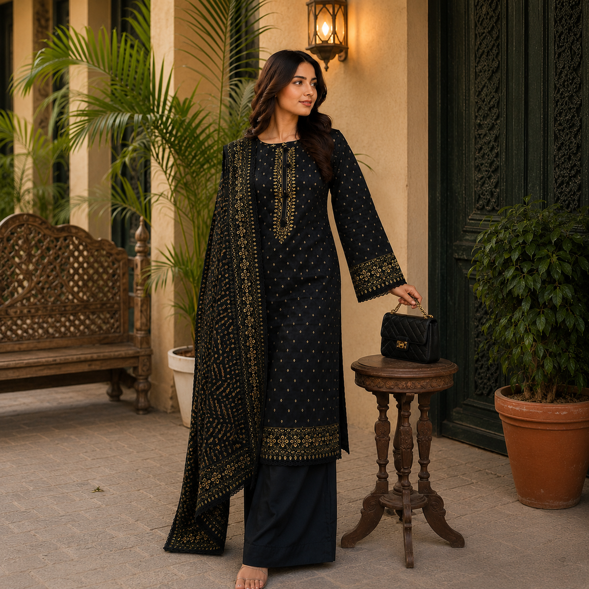 Navy Muse Printed Lawn Ready-to-Wear Plazo Set ✨
